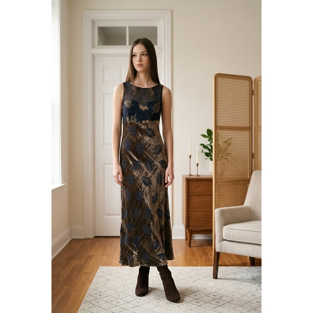 Vintage Tessuto Sz 2 Velvet Burnout Long Gown Blue Brown Leaf Dark Forest Nymph